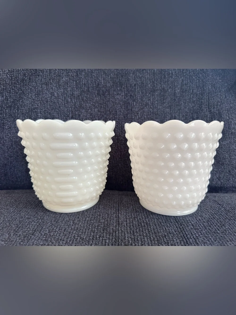 Vintage Milk Glass Hobnail Scalloped Planter PAIR - Fire King